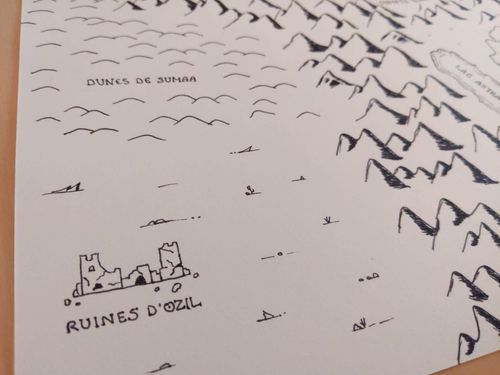 Partie sud-ouest de la carte d'Edurion avec un désert et des ruines, le tout bordé par les montagnes
