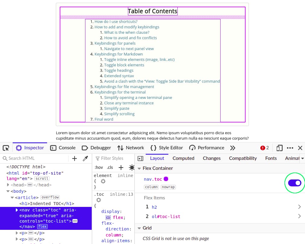 toc in devtools with the flexbox outlined