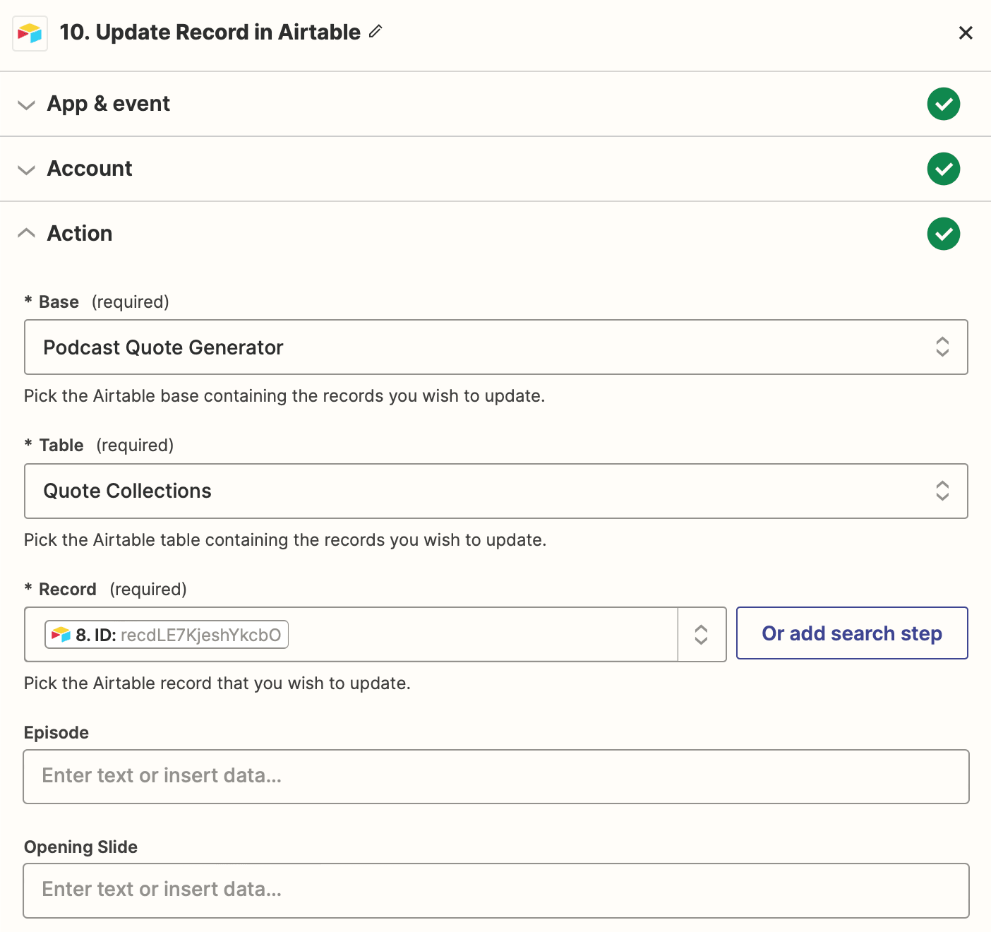 Screenshot of Zapier Airtable update record action