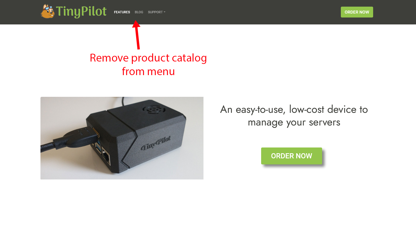 Screenshot of TinyPilot website with product catalog removed