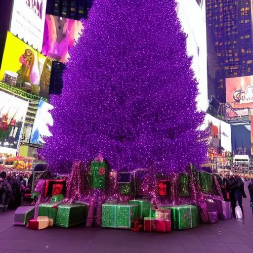 Purple Christmas tree outdoors in Times Square