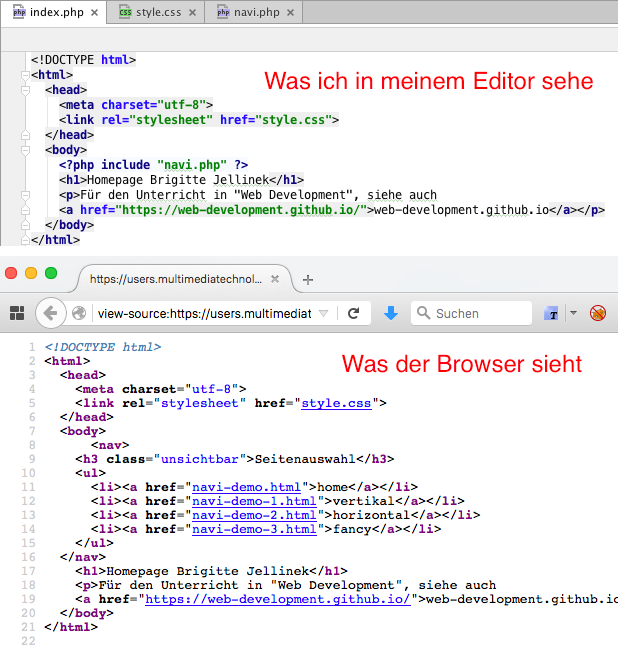 Abbildung 41: Original PHP-Datei am Server und Quelltext-Ansicht im Webbrowser