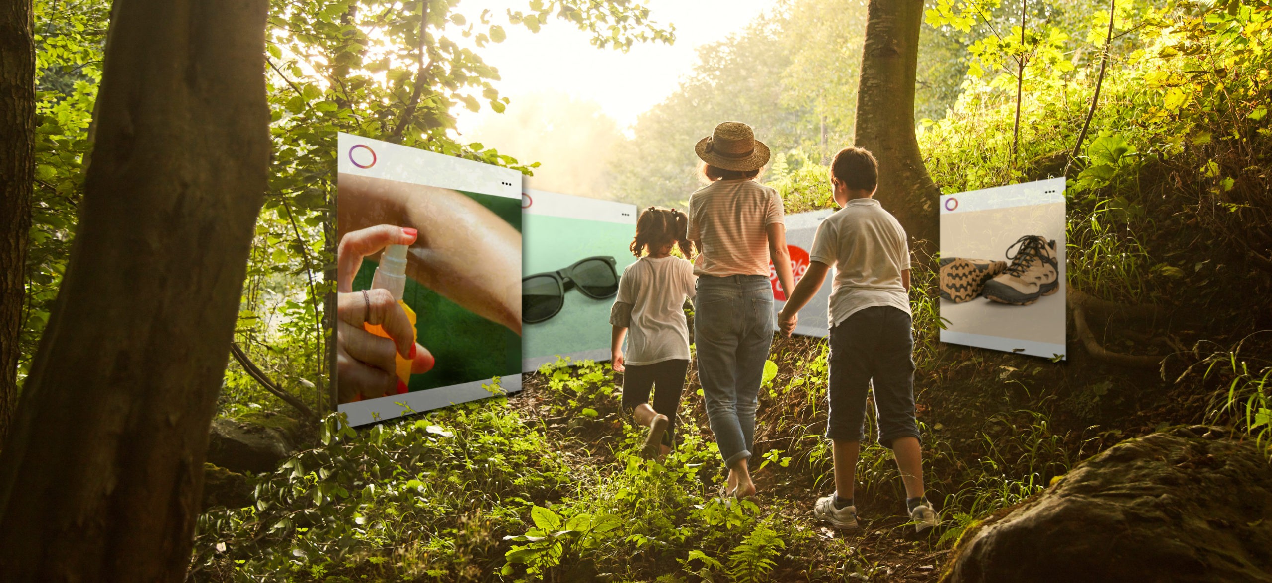 A family in the forest with social media ads popping up around them