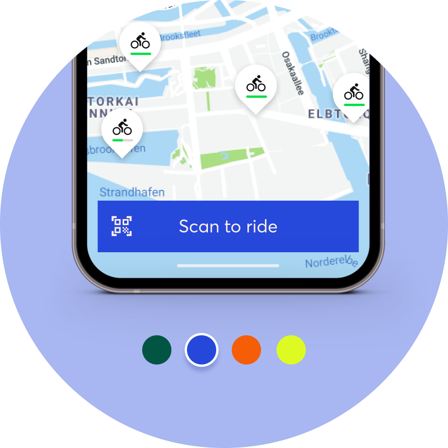 A rounded image of the Wunder Mobility mobile app with a blue scan to ride button surrounded by cycling person point of interest icons, and different color options at the bottom..