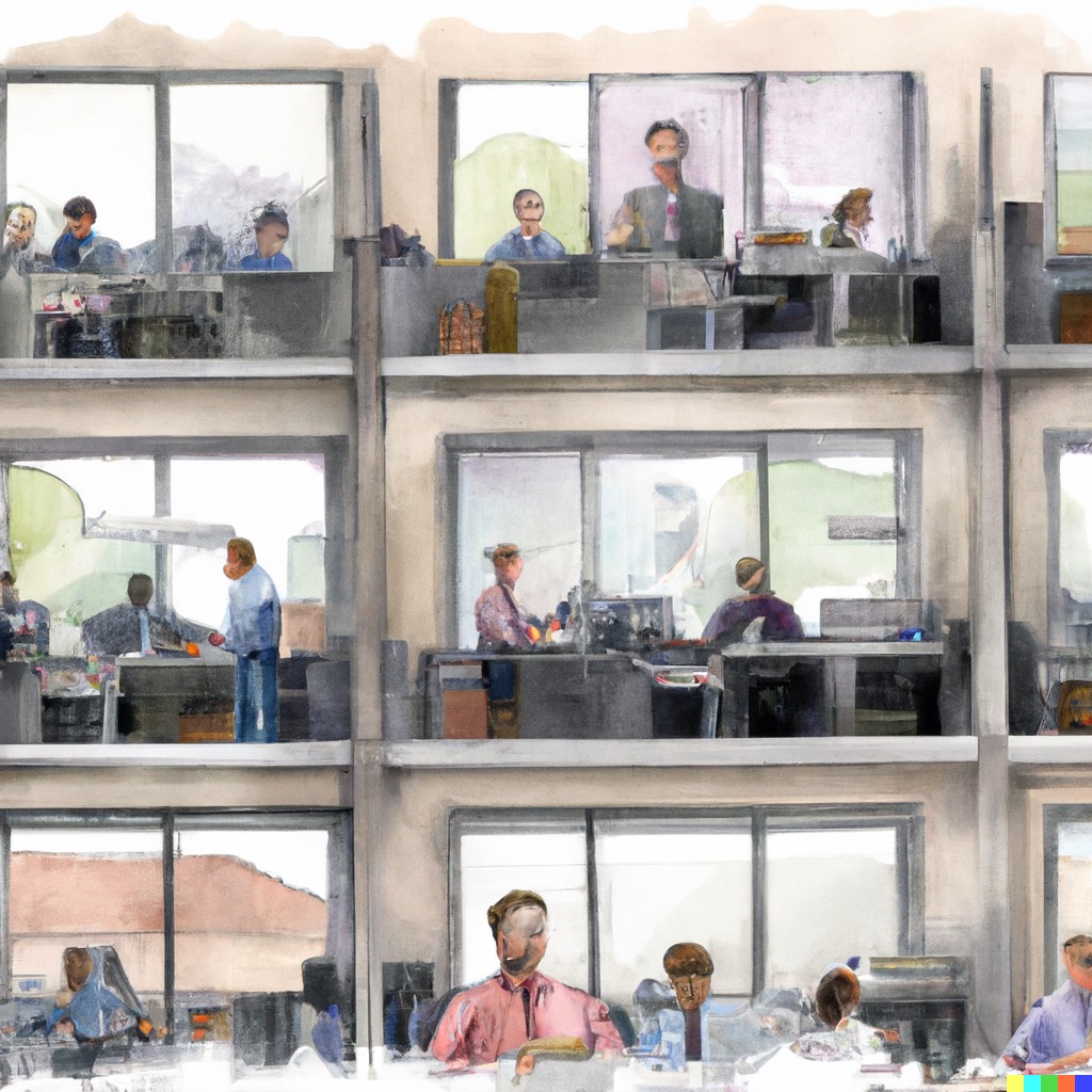 a pencil and watercolor painting of a crowd of men and women accountants at a light and bright office with big windows working on computers together, by DALL-E 2