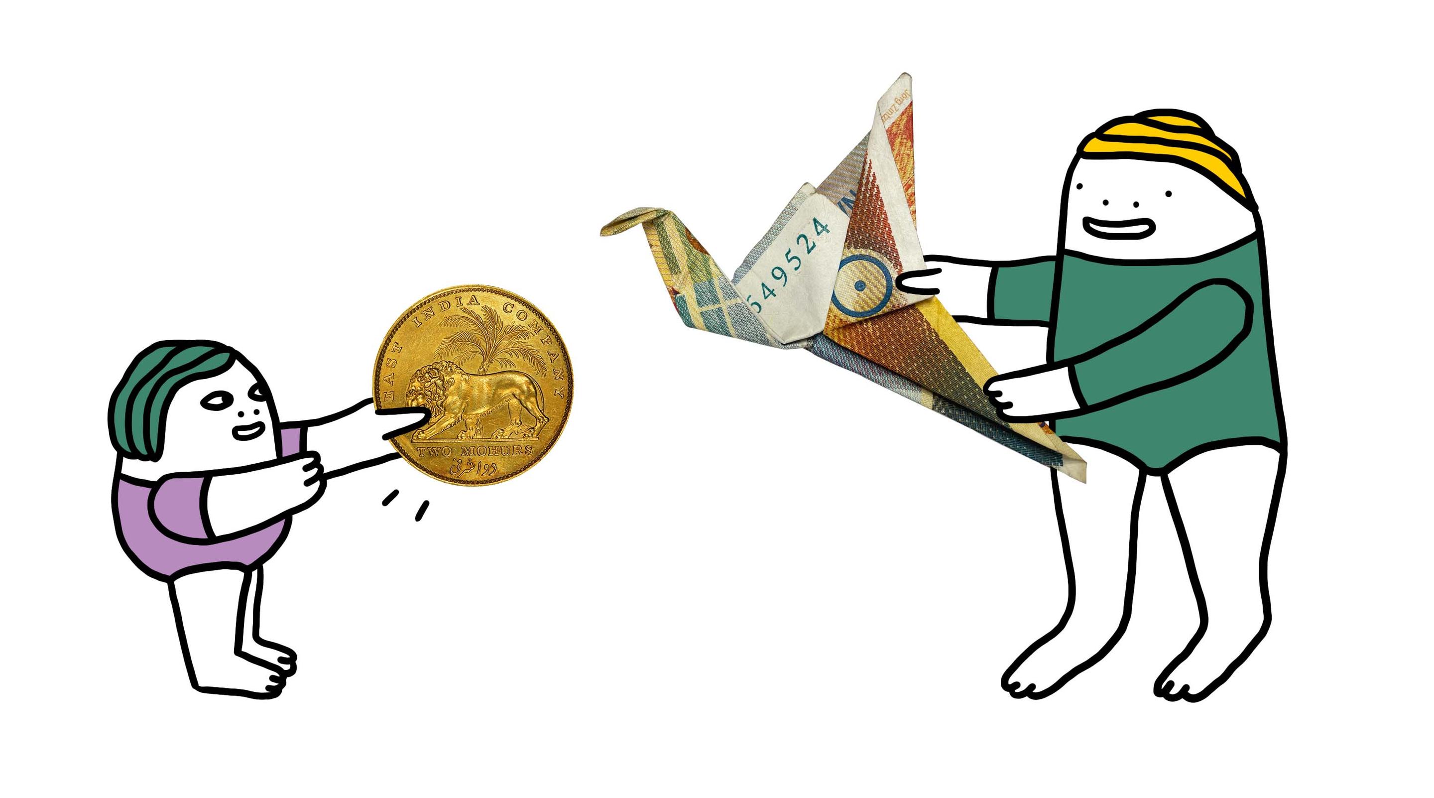 Eine Figur hält eine Münze in der Hand, die andere einen Vogel, gefaltet aus einem Geldschein.