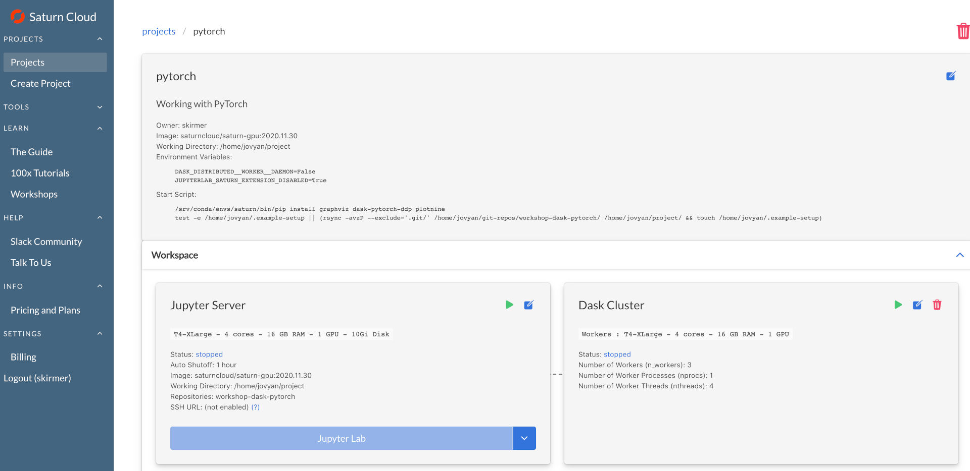 Screenshot of a quick start project page after creation, called 'pytorch'