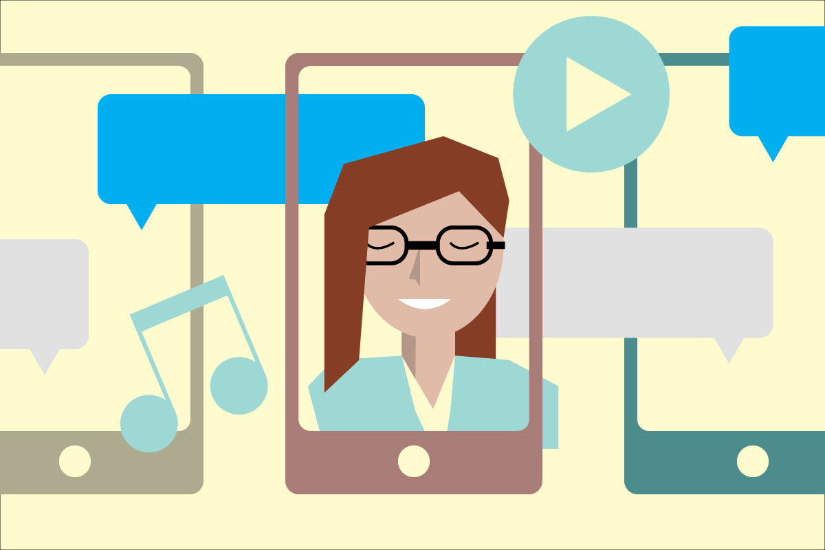 Illustration of a millennial on a phone screen surrounded by music notes and chat bubbles