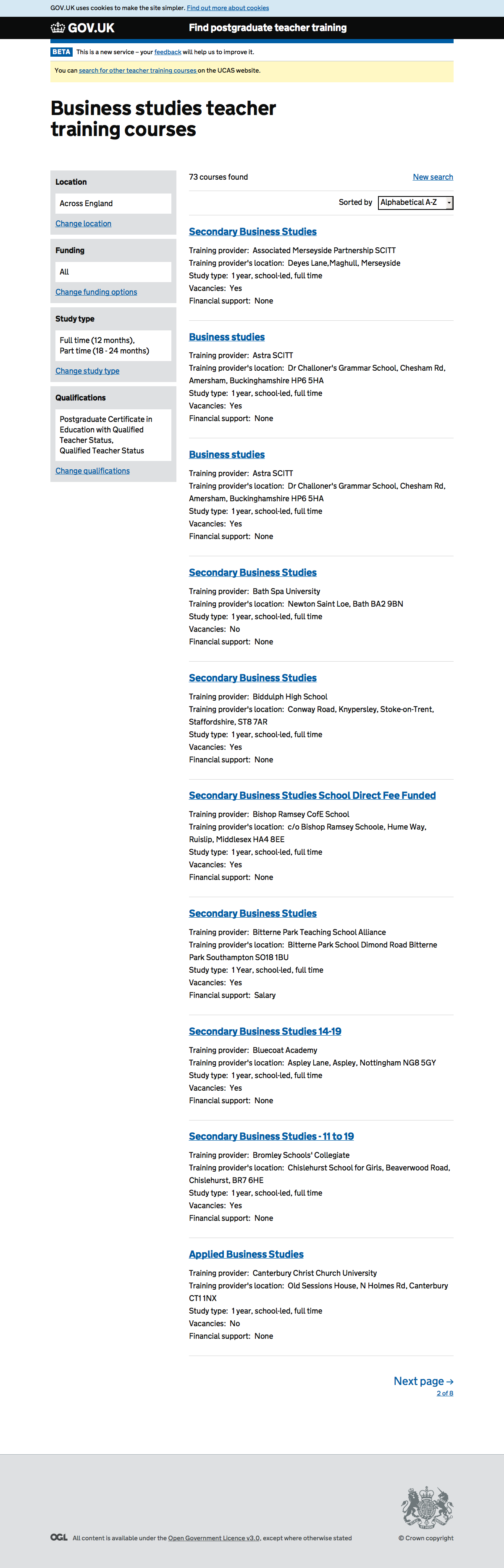 Screenshot of Search results