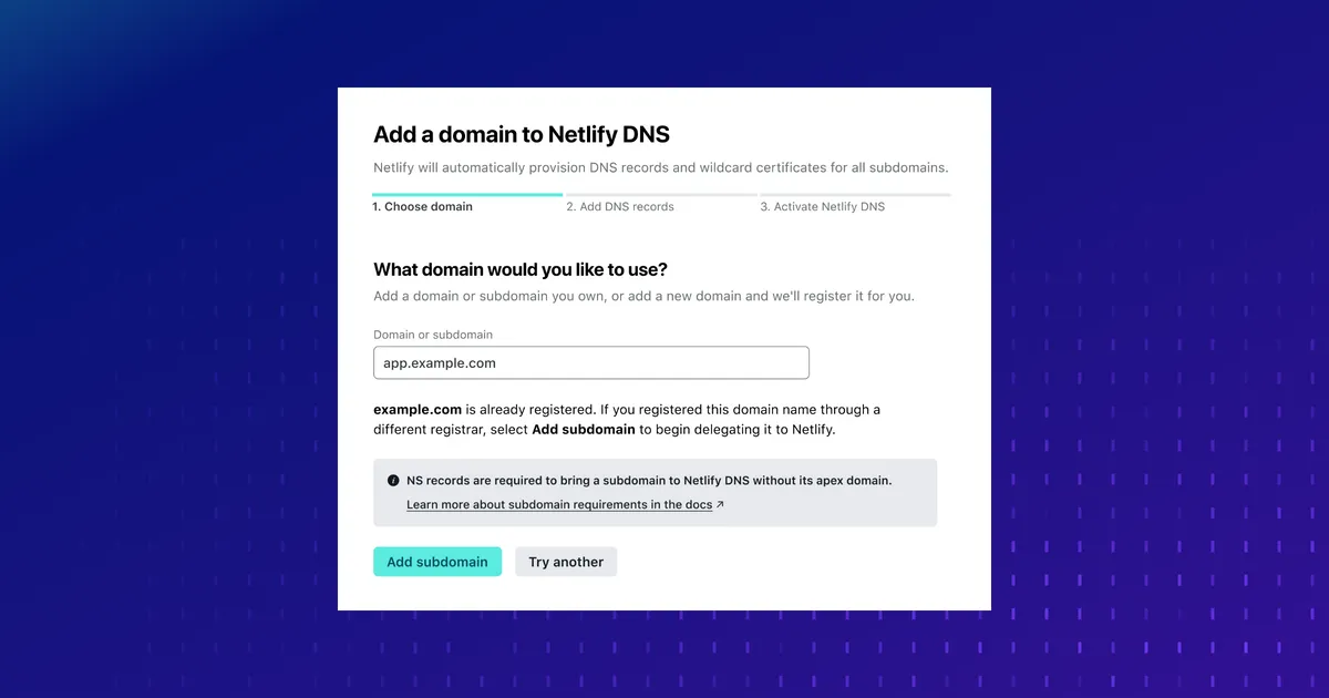 Add a domain to Netlify DNS flow, showing a subdomain being accepted as an option