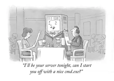 A cartoon-style illustration a couple at a restaurant looking at menus. The waiter, who is a server rack, is speaking to them. The captions reads: I'll be your server tonight. Can I start you off with a nice cmd.exe