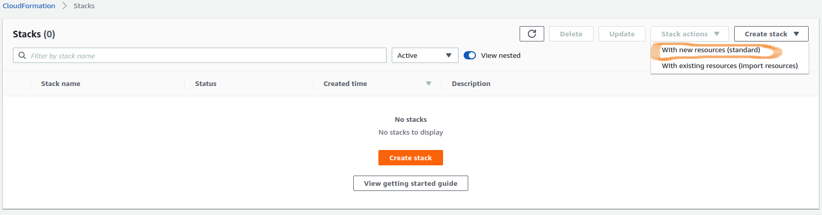 Screenshot of AWS Console showing CloudFormation panel, with Create Stack button centered
