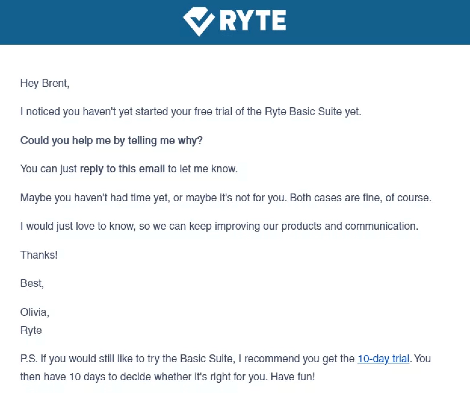 SaaS Re-engagement Emails: Screenshot of Ryte's email