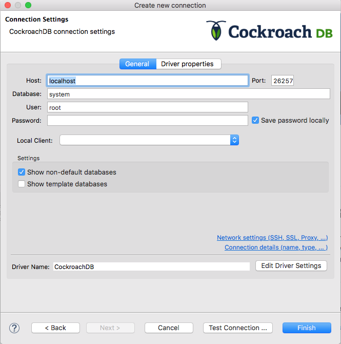 DBeaver - CockroachDB connection settings