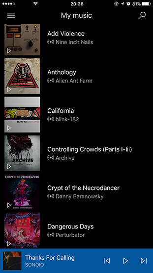 iOS Groove Music app in Album view with the Music Pass filter enabled.