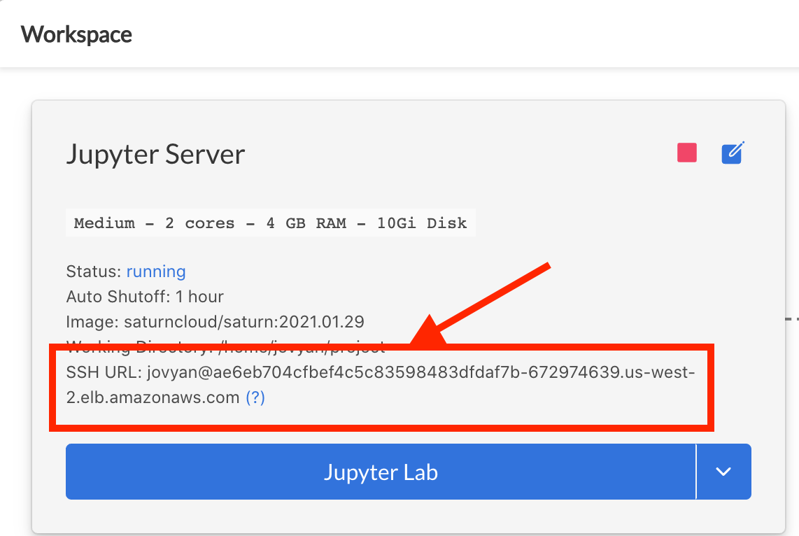 Screenshot of Jupyter Server card with server running, arrow pointing to SSH URL shown, with box encircling it