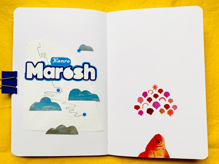 Two collages: one in blue and grey, featuring the name cut out of a Japanese candy package, and some cloud shaped cut out of a photo of a cloudy sky. The other has the head of a photographic goldfish poking up from the bottom, under a cluster of red, orange, and pink scales cut from paper and drawn on.