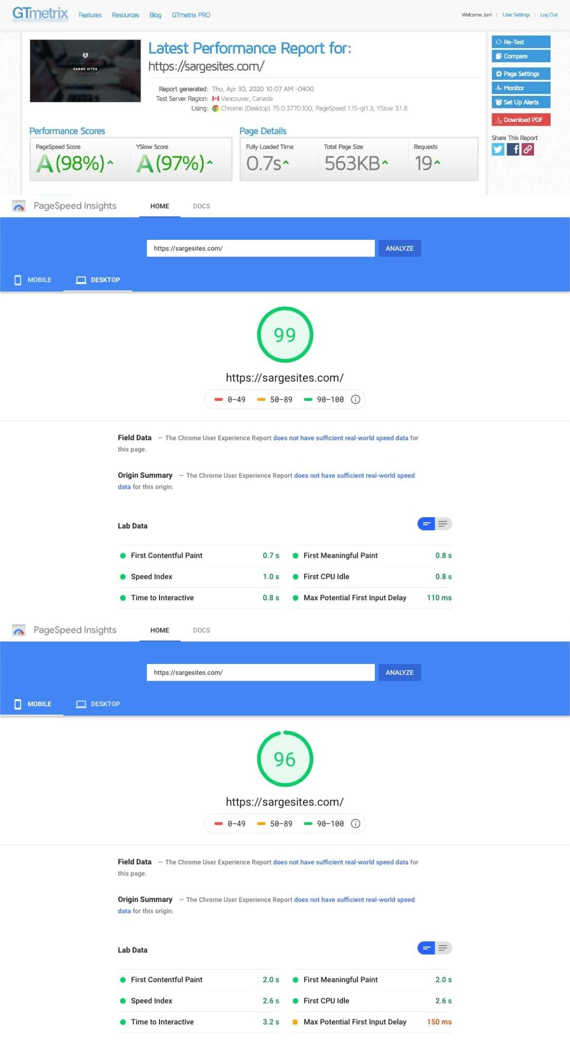 🚚💨 Sarge Sites Website Performance Metrics