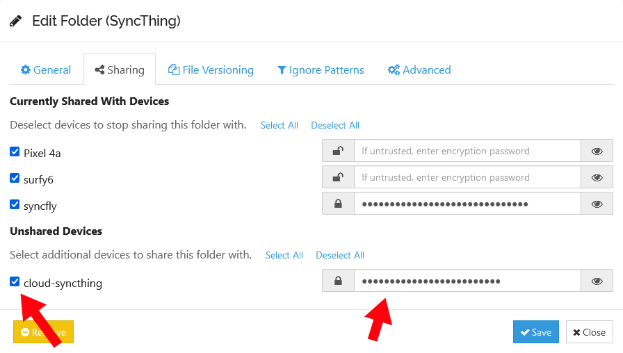 Screenshot showing checking box for cloud-syncthing and adding a password in Edit Folder > Sharing