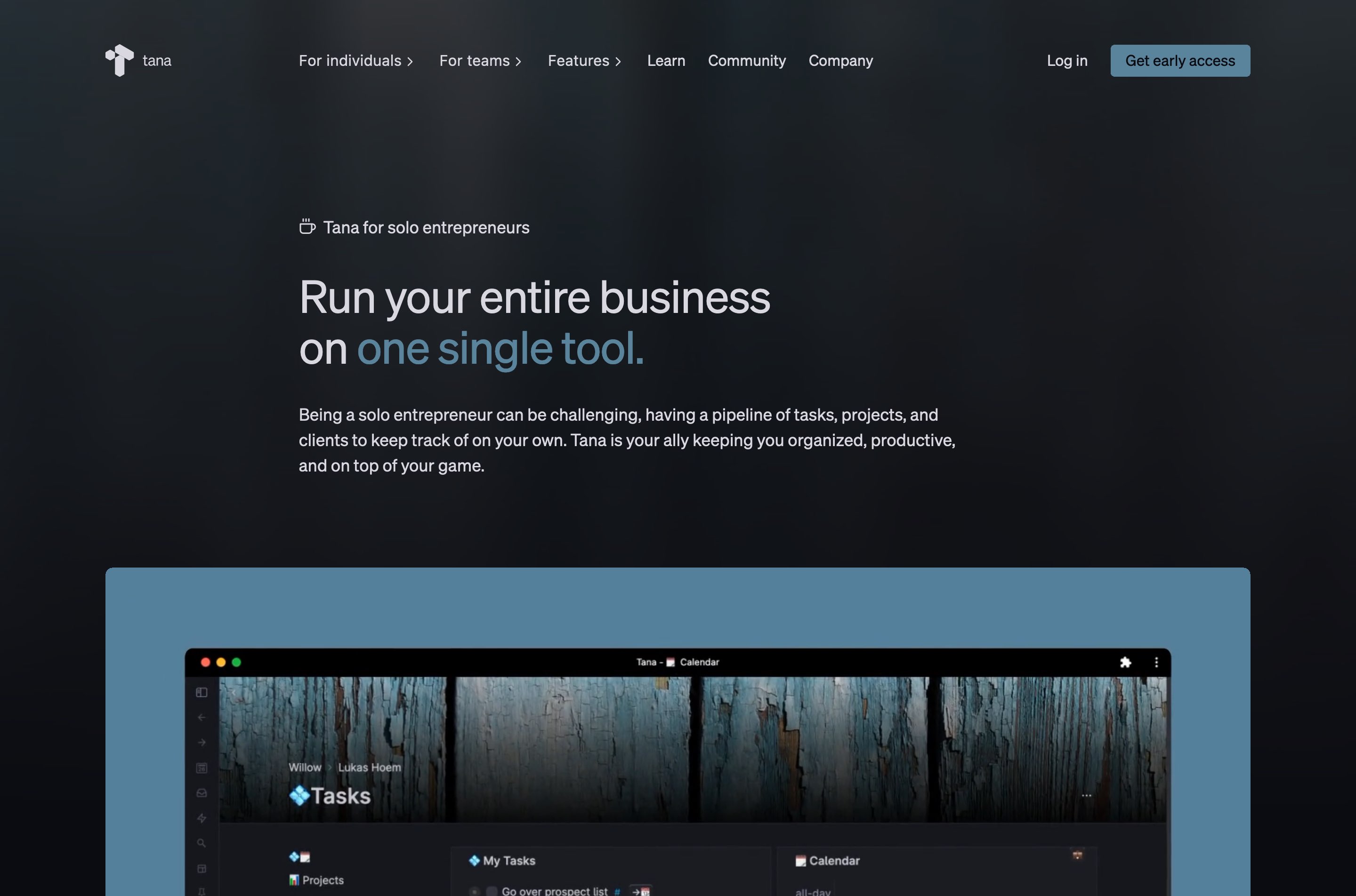 Screenshot of the Tana for Solo Entrepreneurs page