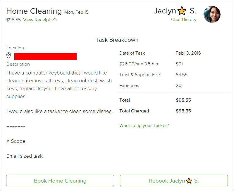$95.55 receipt for my TaskRabbit task
