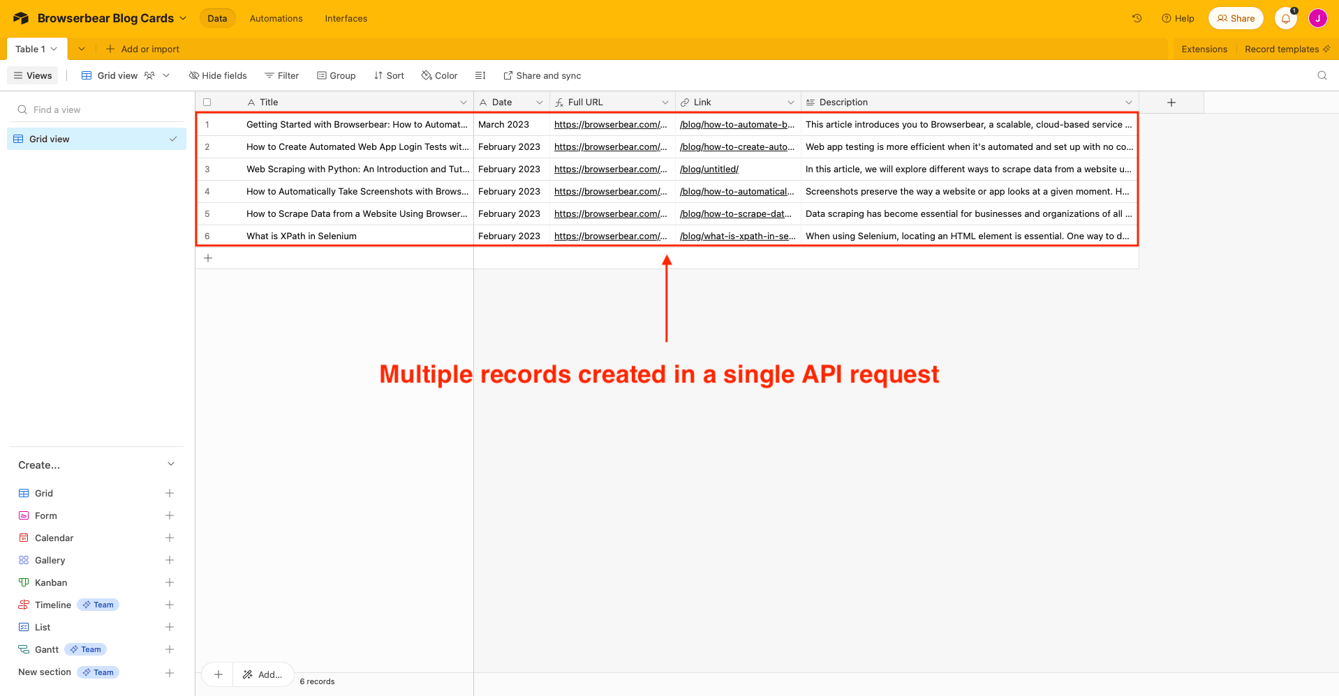 Screenshot of sample Airtable base with multiple records created in a single API request