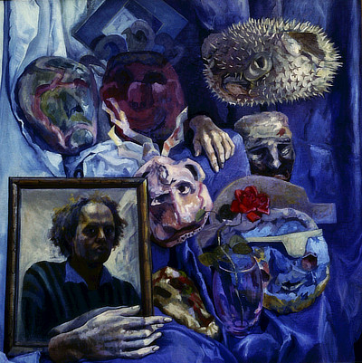 painting of still life including small mirror with artist reflected