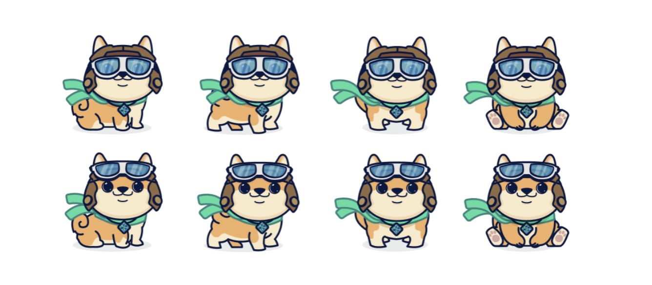 Savvy the dog, in her pilots outfit, in eight different poses. Her pilots cap is a brown leather, and she has light blue goggles. She is also wearing a bright green scarf that is blowing in the wind. She is smiling in each pose, and visible on her neck is the Netlify emblem.
