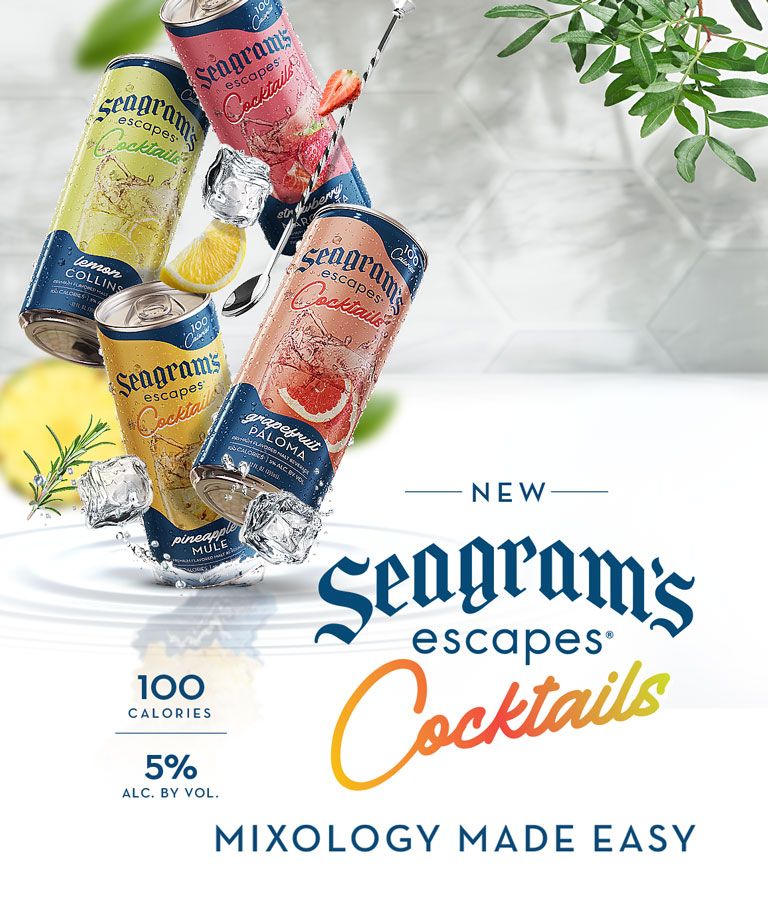 Image of four cans of Seagrams Escapes Coctails with a mixer spoon and ice. Text reads: Mixology made easy