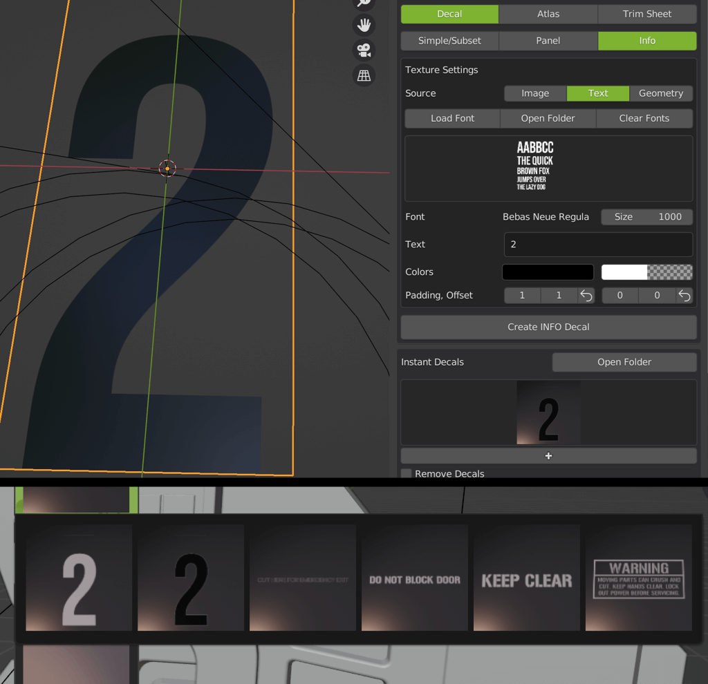 Image showing the creation of an info decal inside Blender.