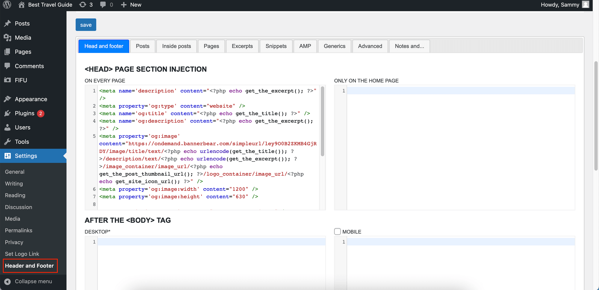 a screenshot of how to inject code into WordPress Head