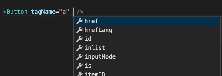 A screenshot of VS Code’s completion list in a JSX property position on the Button JSX tag from the previous example. The list includes href, hrefLang, inputMode, and other valid properties of anchor tags and button tags.
