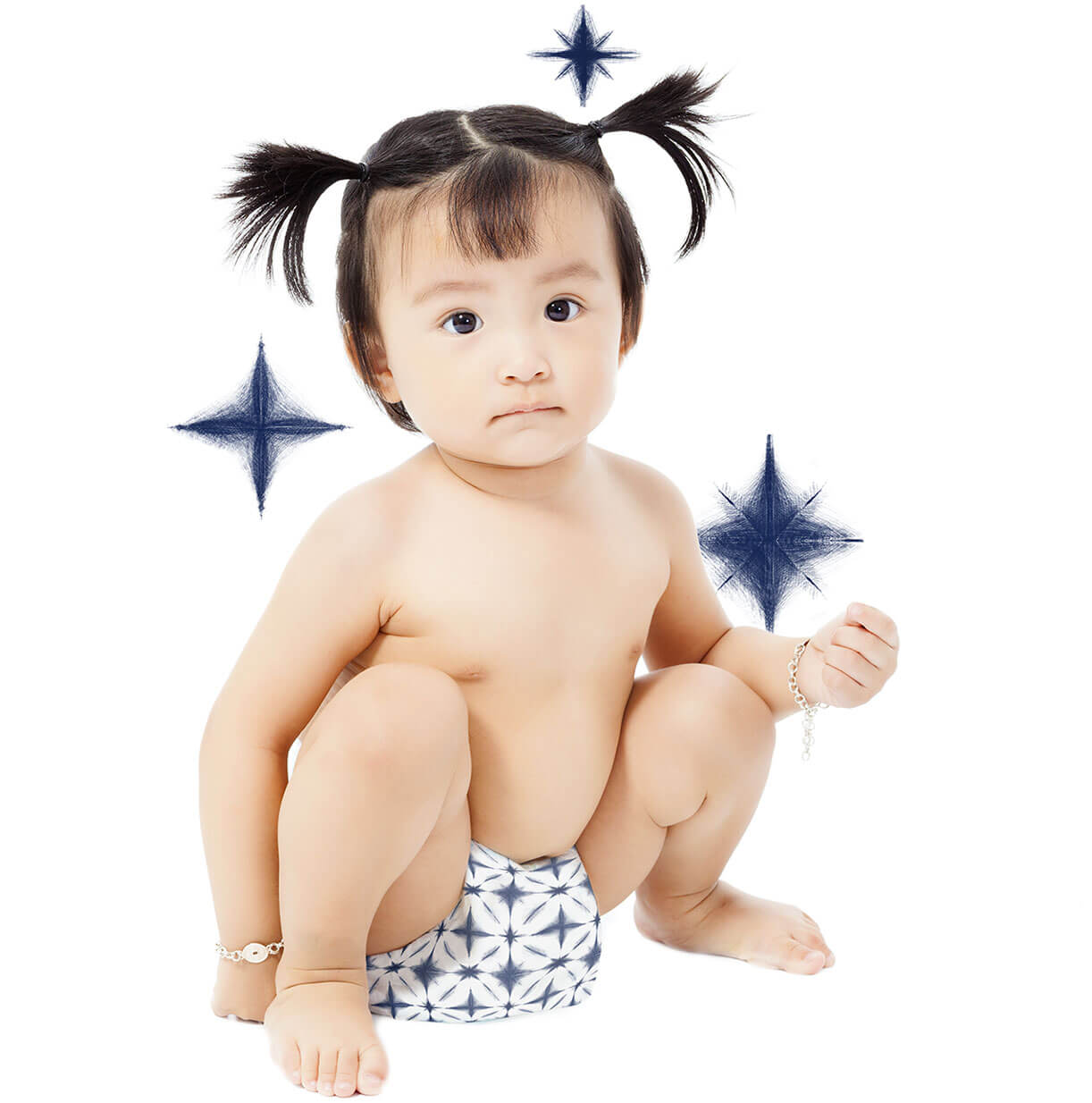 Baby wearing shibori pattern diapers