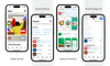 A collection of 4 iphones that show each of the Apple Search Ads formats. From left to right they are Today tab ad, Search tab ad, Search result ad and Product page ad.