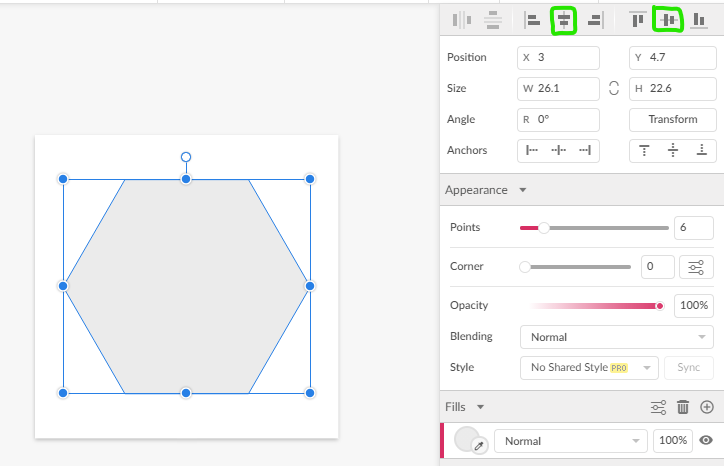 created polygon and align middle/vertical buttons outlined