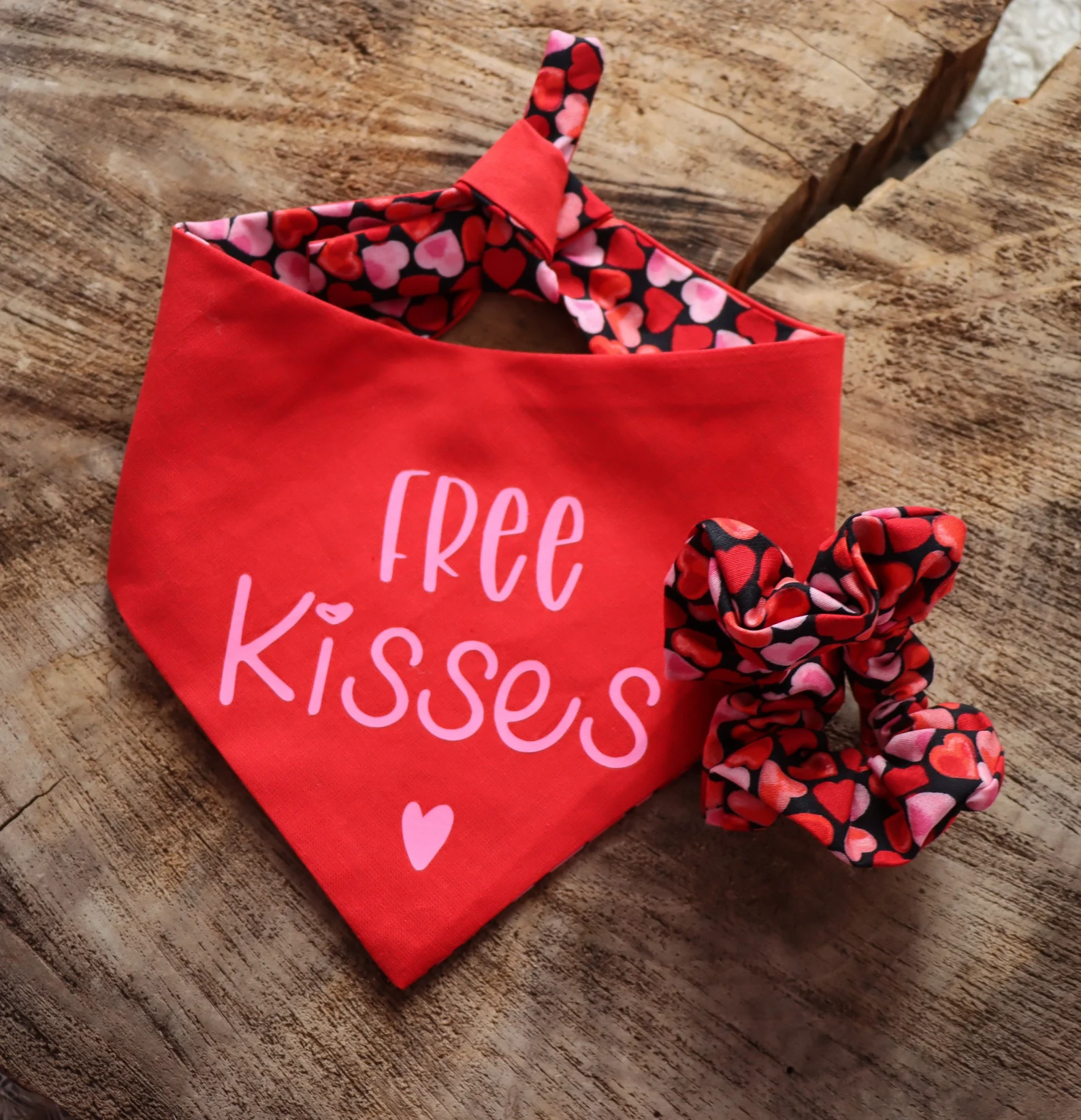 Free Kisses Valentine Dog Pet Reversible Bandana or Scrunchie