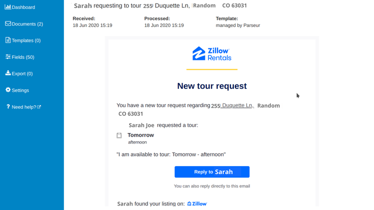 Example of sample email from Zillow