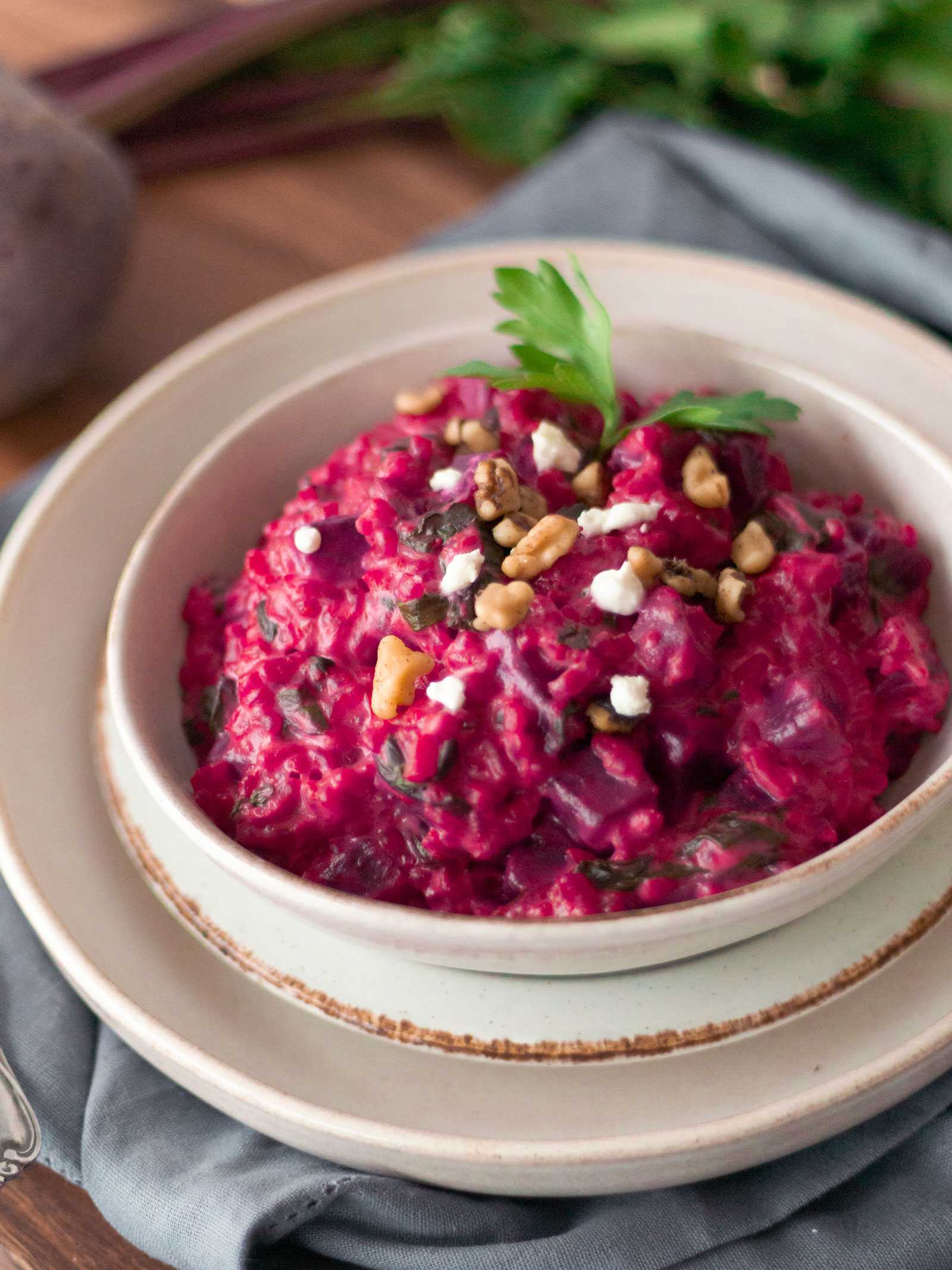 Oliver's Beet & goat cheese risotto is vibrant and bursting with flavor. You will discover a hint of sweetness from the beets, complimented by the sharpness from the goat cheese. 