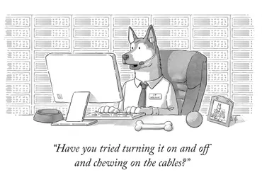 A cartoon-style illustration of a dog who is an I.T. Specialist sitting in its workstation. There are stacks of servers in the background. At its table, we can see a meal bowl, a bone, a throw ball, and a picture of its partner and two puppies. The dog wears a headset and is giving advice through the call. The caption reads: Have you tried turning it on and off and chewing on the cables?