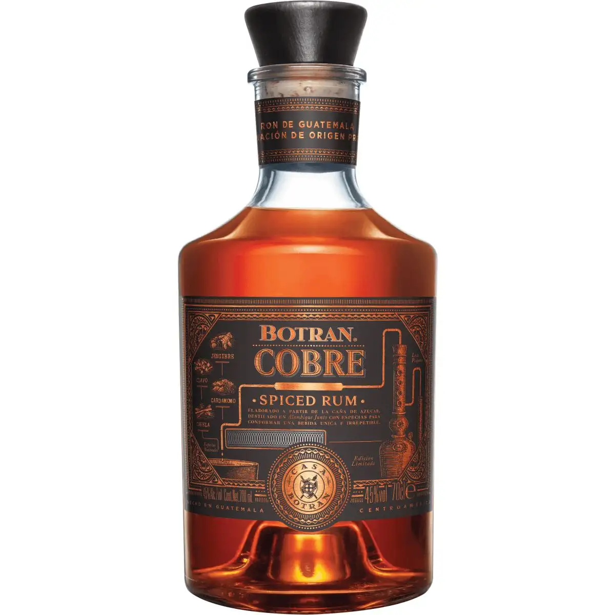 Image of the front of the bottle of the rum Botran Cobre