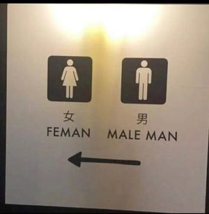 A photo of a printed out sign, presumably indicating the location of bathrooms. The sign has two icons: the traditional women&#39;s and men&#39;s toilet icons. Below each is a Japanese character followed by an English translation. The two options in English read &#39;FEMAN&#39; and &#39;MALE MAN&#39;.