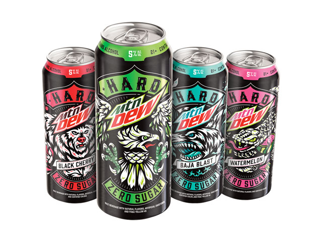 4 Cans of Hard Mountain Dew, including Baja Blast, Black Cherry, Original and Watermelon.