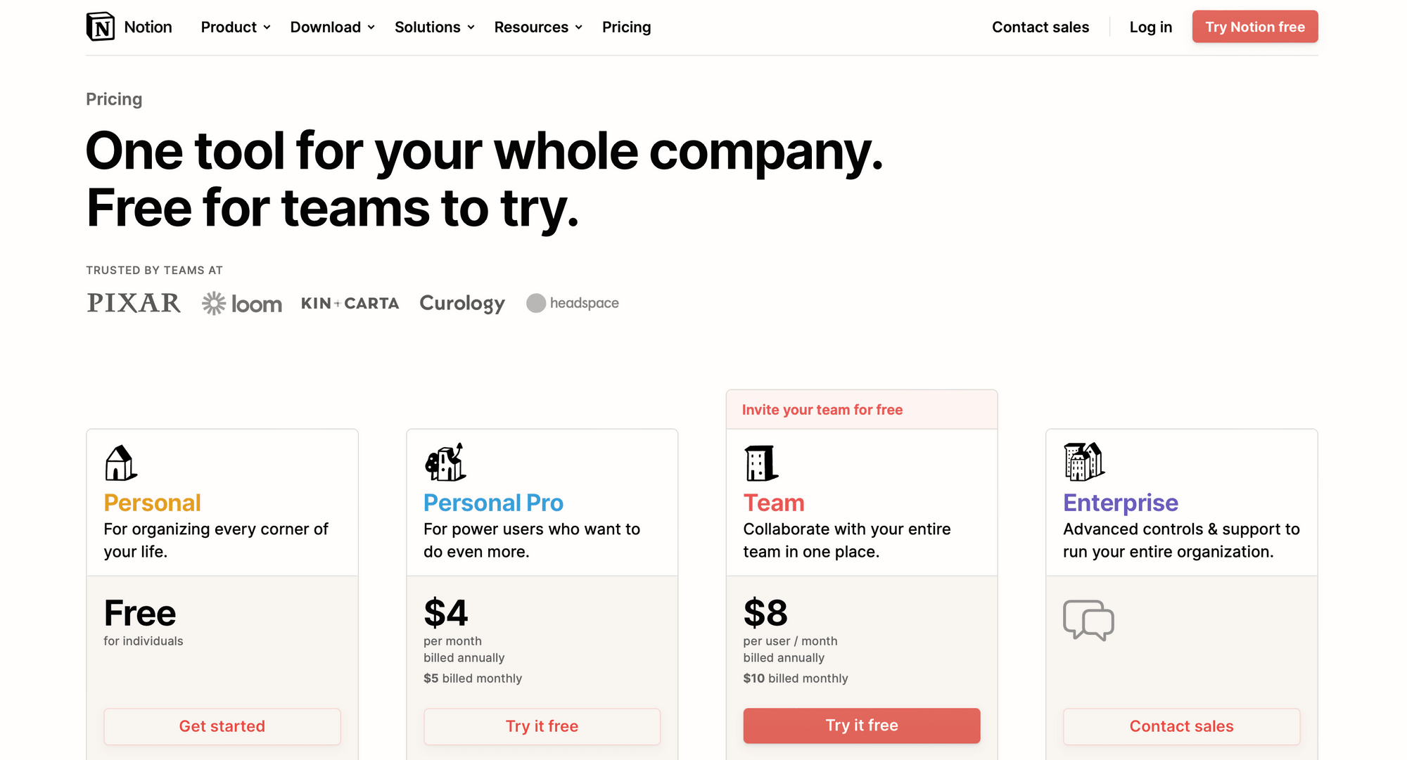Screenshot of Notion pricing page
