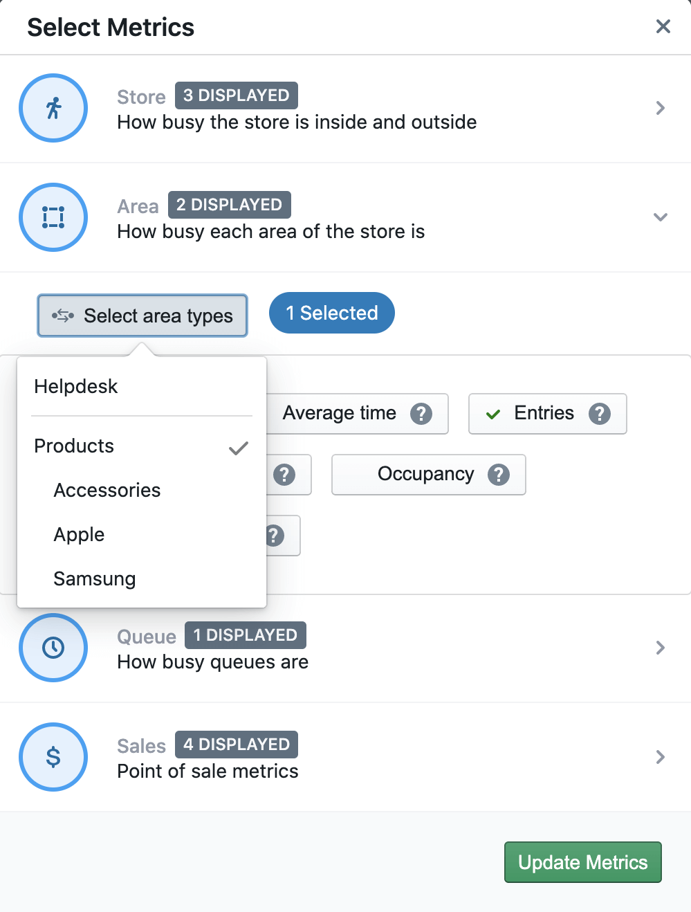 A popup allowing the user to filter by several metrics