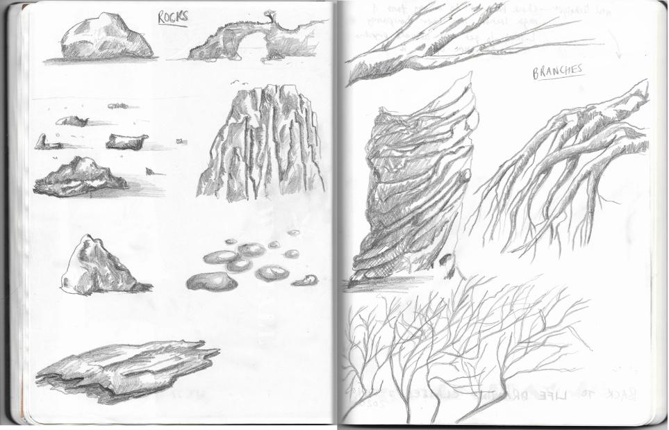 A page of landscape sketching from Adam Westbrook&rsquo;s sketchbook