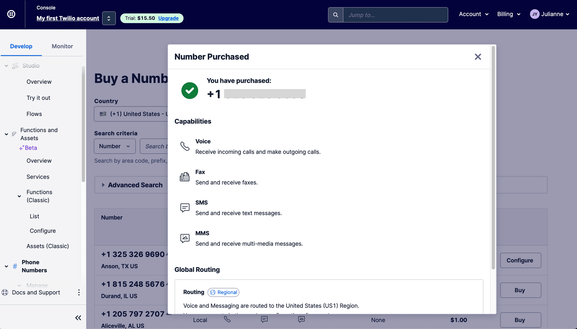 Screenshot of Twilio number purchase