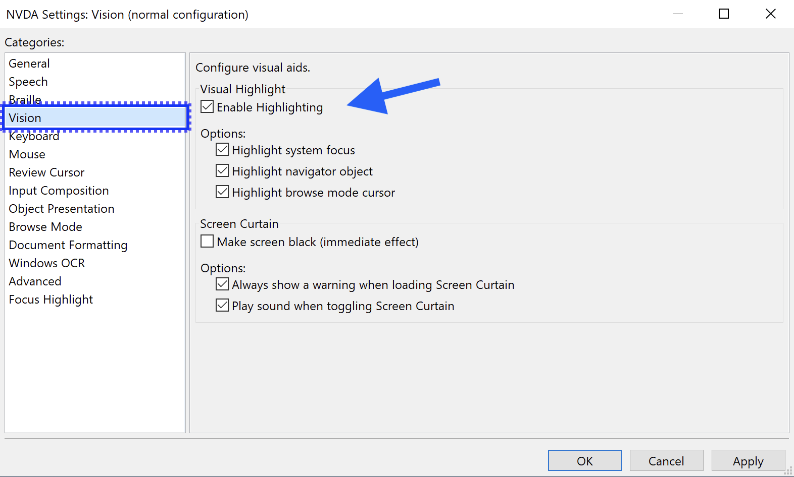 Screenshot of the Vision panel in NVDA settings. In the Vision panel, the 'Enable Highlighting' option is checked in the Visual Highlight group.