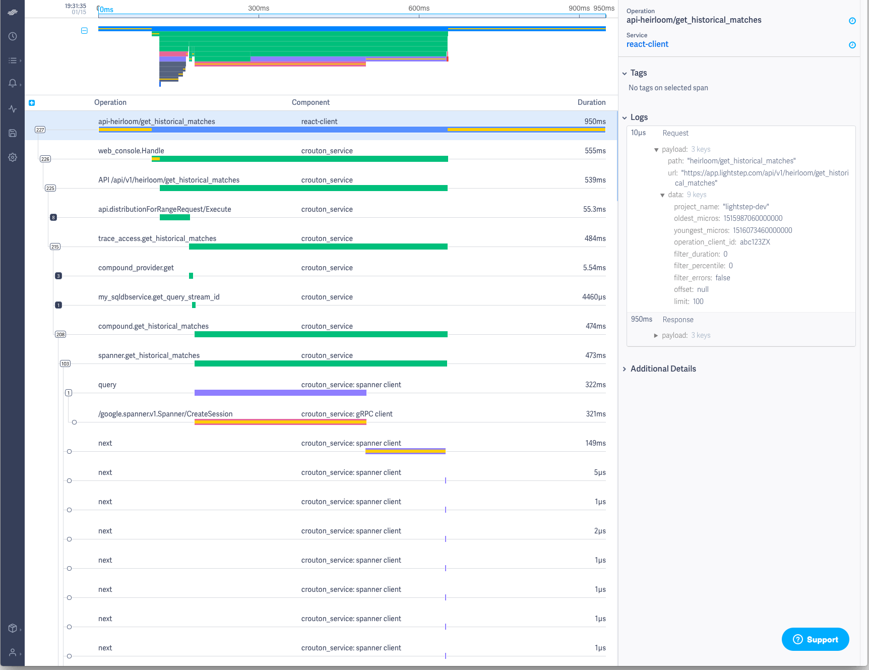 See the entire request (and response) payload that was generated when the user first clicked “Get Historical Matches”