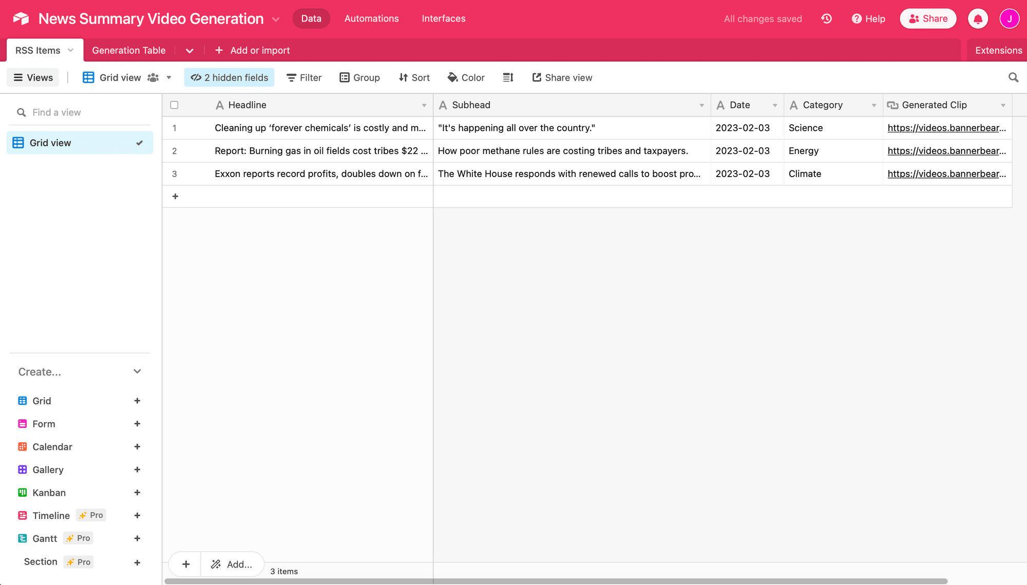 Screenshot of Airtable RSS Items table