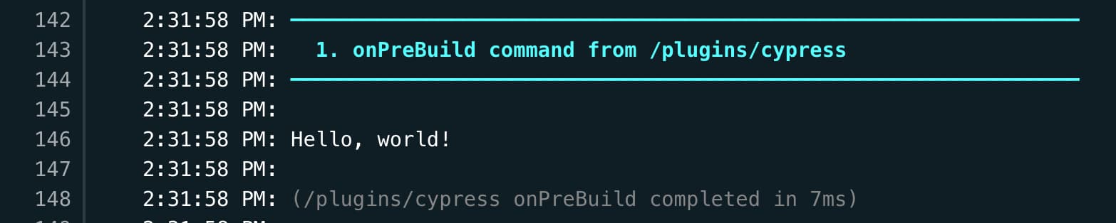 Deploy logs showing the onPreBuild command output saying "Hello, world!"